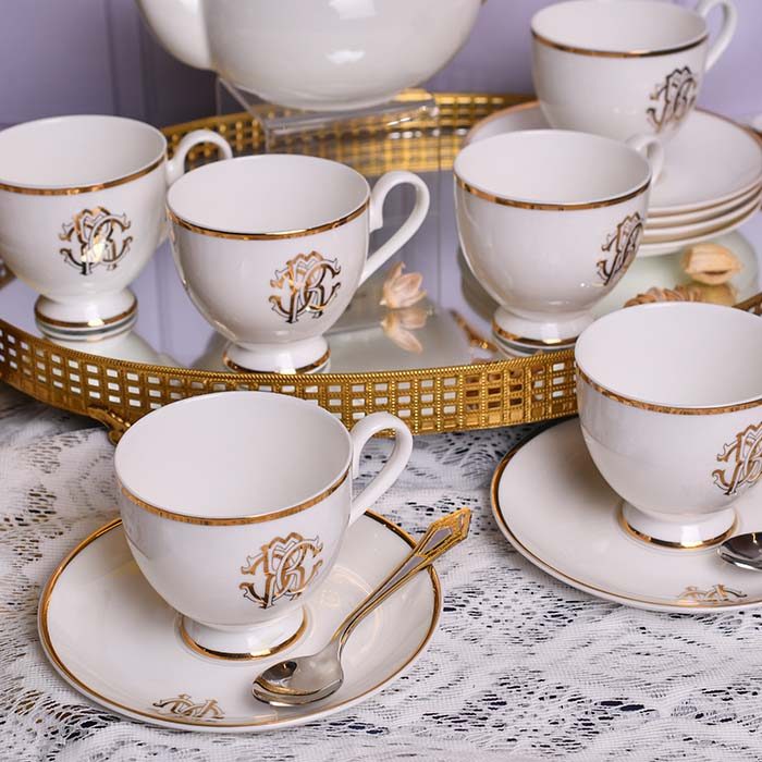 CUP AND SAUCER WHITE WITH LUXURY GOLD LOGO AND GOLD LINE | SET O - photo 3