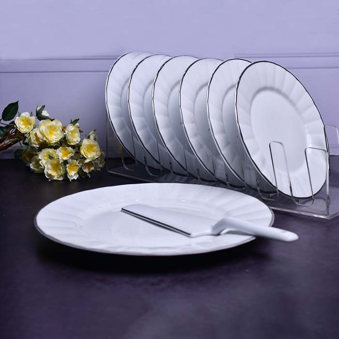 CERAMIC 7 PC Snack set Luxury design White with platinum line an - photo 3