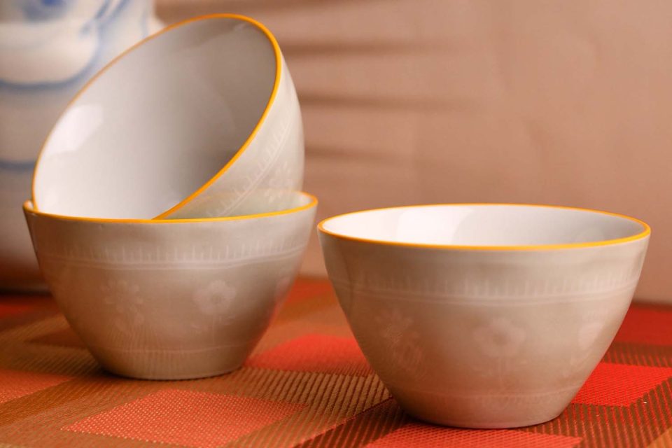 Bowl SET OF 3 Light grey with yellow border - photo 1