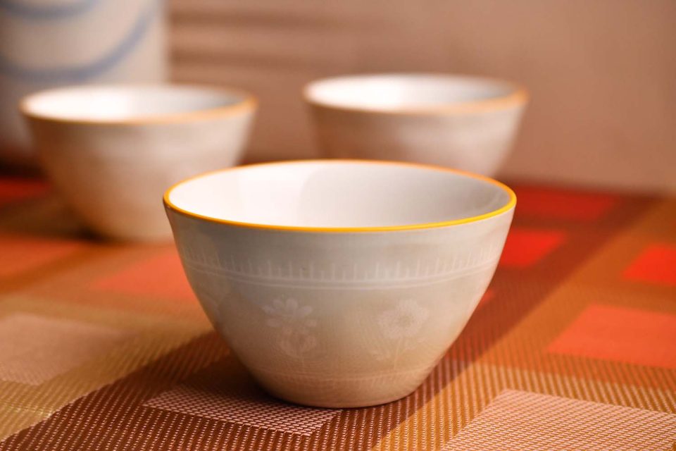 Bowl SET OF 3 Light grey with yellow border - photo 2