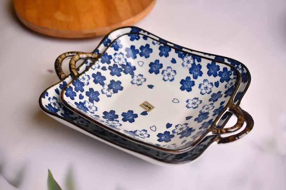 Ceramic Dish with handle | Large | Blue floral print | 25 CM - photo 2