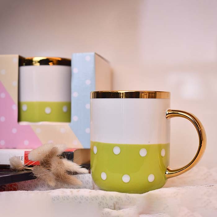Coffee Mug | White and Green | Gold handle