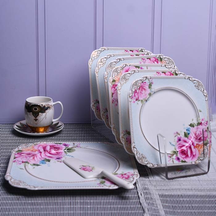 BERGHOME Plate set White with Floral print Square with cake serv - photo 3