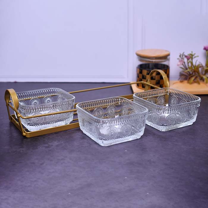 Glass bowls set od 3 with serving stand metal - photo 2
