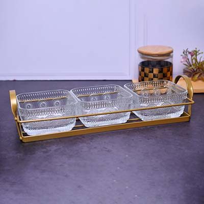 Glass bowls set od 3 with serving stand metal - photo 1