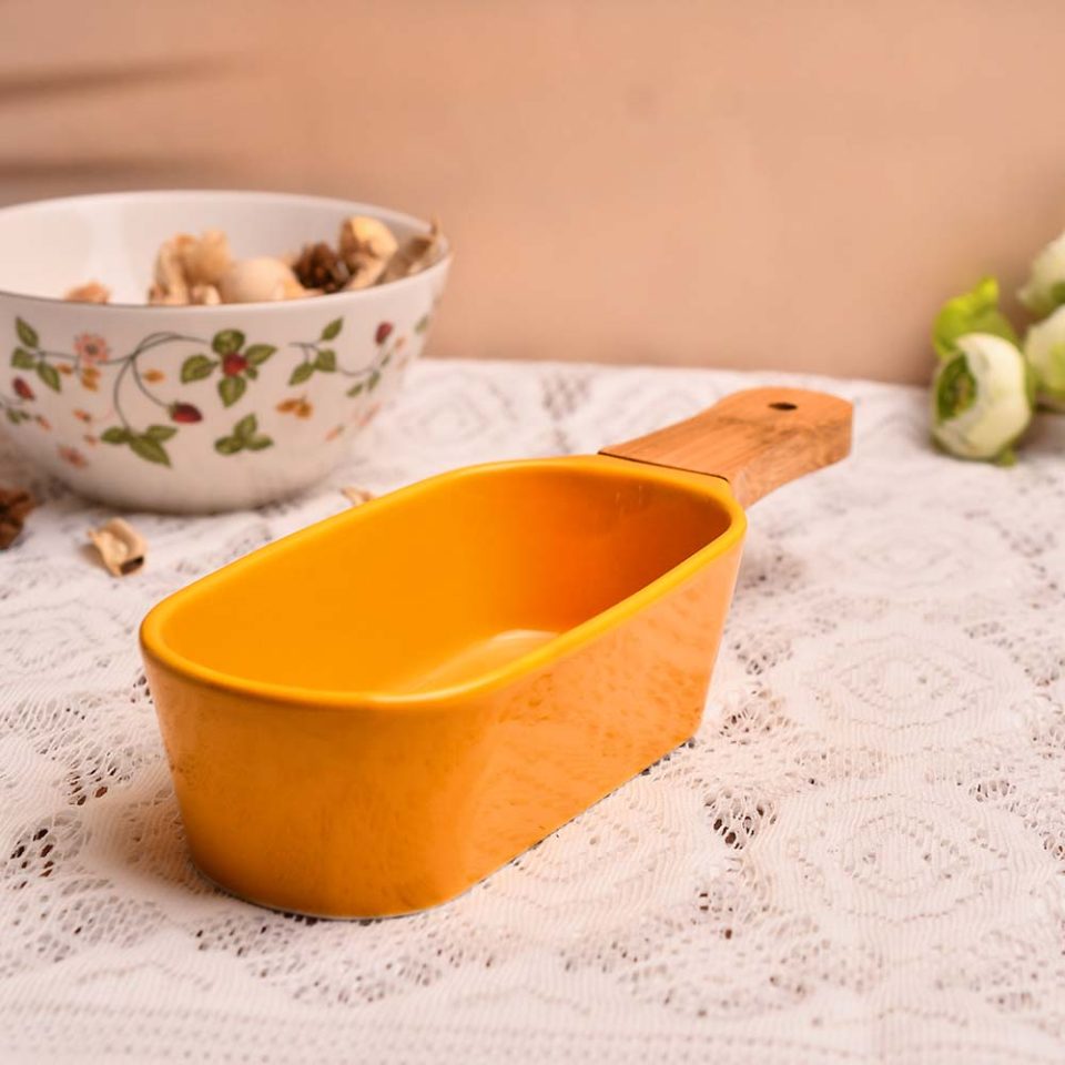 Ceramic snack dish | Fantastic Yellow | wooden handle - photo 1