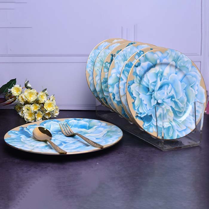 CERAMIC snack set | 7 pc set | Blue floral design with gold line - photo 2