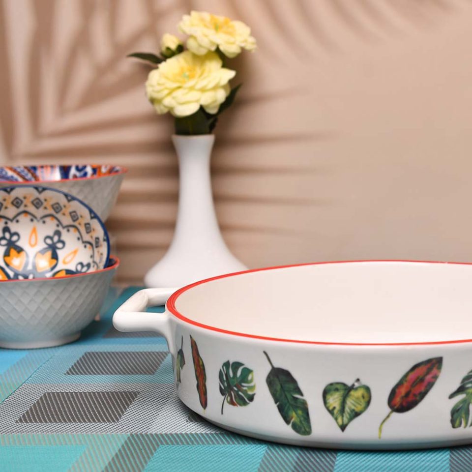 Ceramic Dish | Round | Large | with handle | Leef print - photo 1