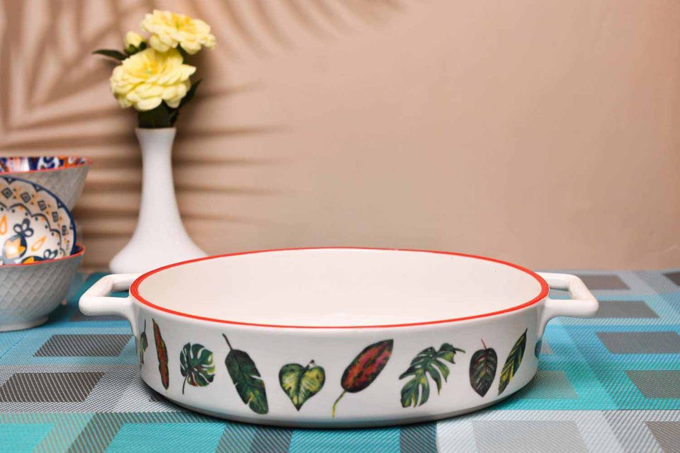 Ceramic Dish | Round | Large | with handle | Leef print - photo 3