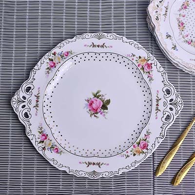 Plate set White with Floral print Round with cake server set of 8