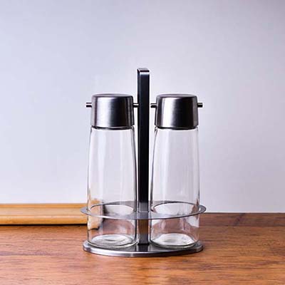 Glass salad dressing set with steel stand and Lid ( set of 2) Long