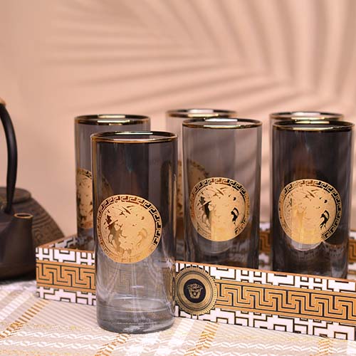 PREMIUM BRAND | Long drink Black Tinted Glass | Gold lined | Set of 6